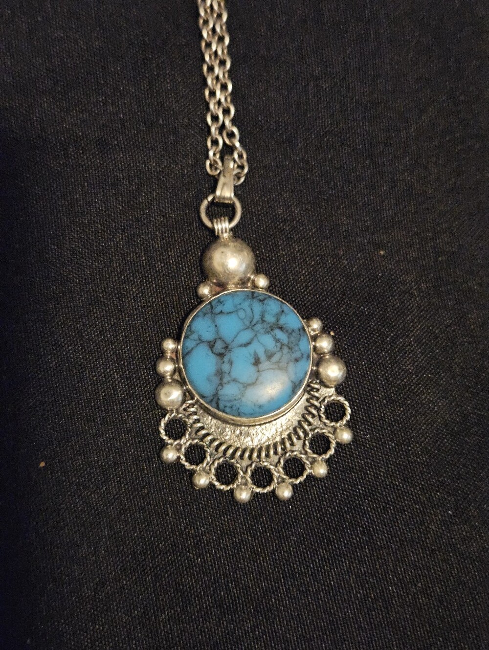 Vintage Plata Guad Mex Crown Sterling Silver Large Turquoise Pendant Necklace